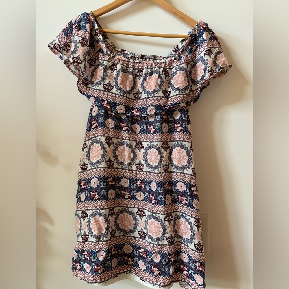 Juniors Boho Elephant Pattern Off Shoulder Ruffle Top Mini Sun Dress Size Medium